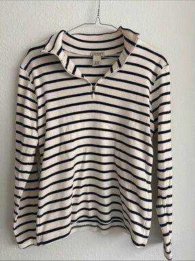 L.L. Bean Cream and Navy Striped 1/4 Zip